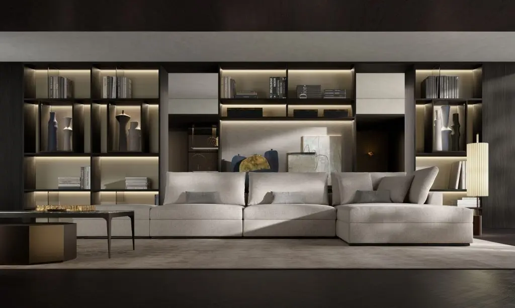 Giellesse Project First – Wohnbereich mit beleuchtetem Regalsystem